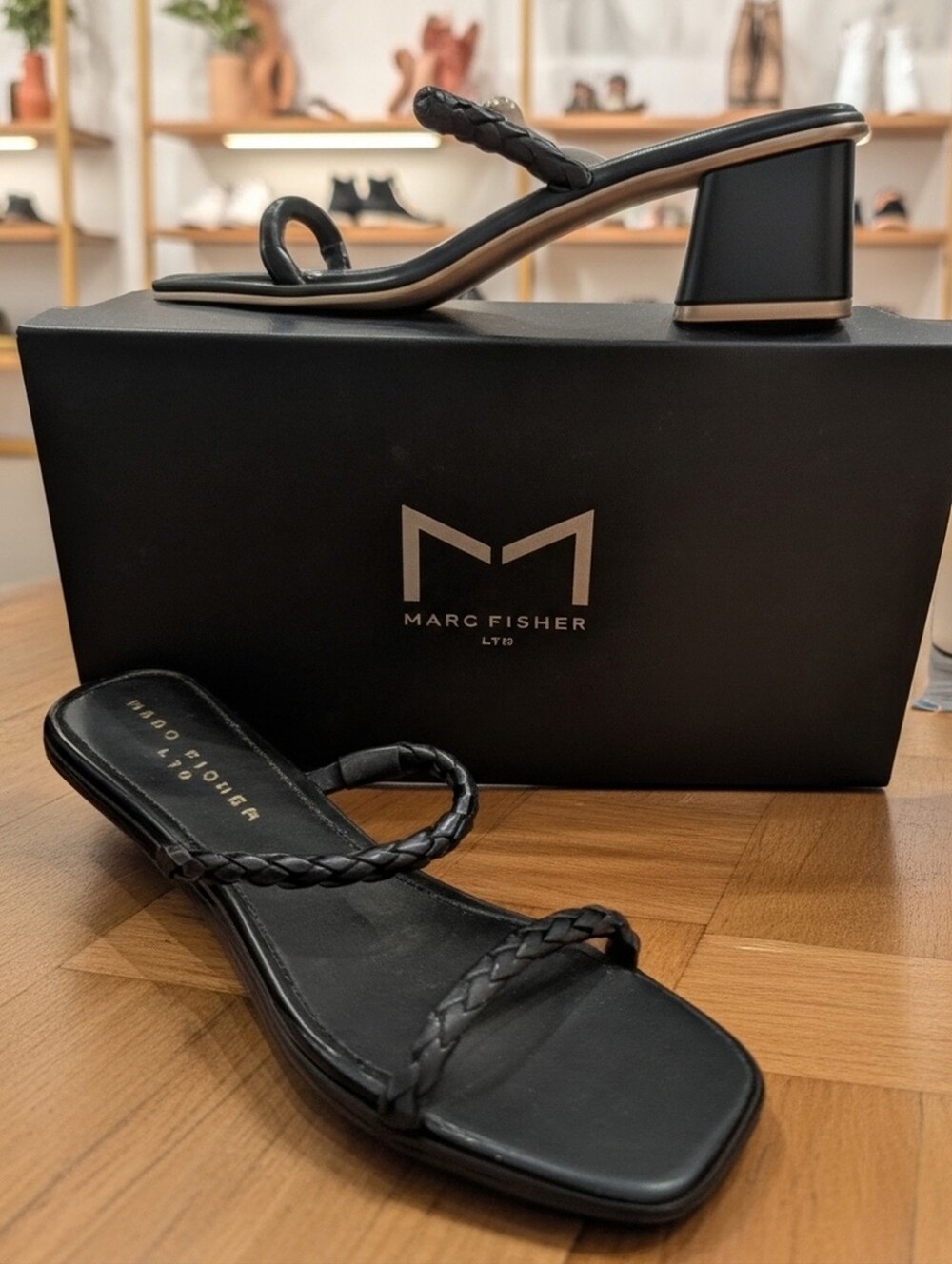 🌴 Marc Fisher 🌴Thoral Black Block Heel Leather Sandals Women's Sz 9.5 M 🆕